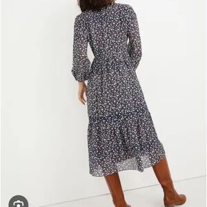 New Madewell Floral Midi Dress Size L Tie Waist Harvest Vine Navy Blue Washable